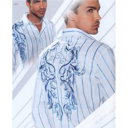 Apricottree White W/ Silver Lurex/Powder Blue Pinstripes And Embroidered Design With Royal Blue Swarovski Crystals And Sequins Long Sleeves Cotton Shirt AT1432